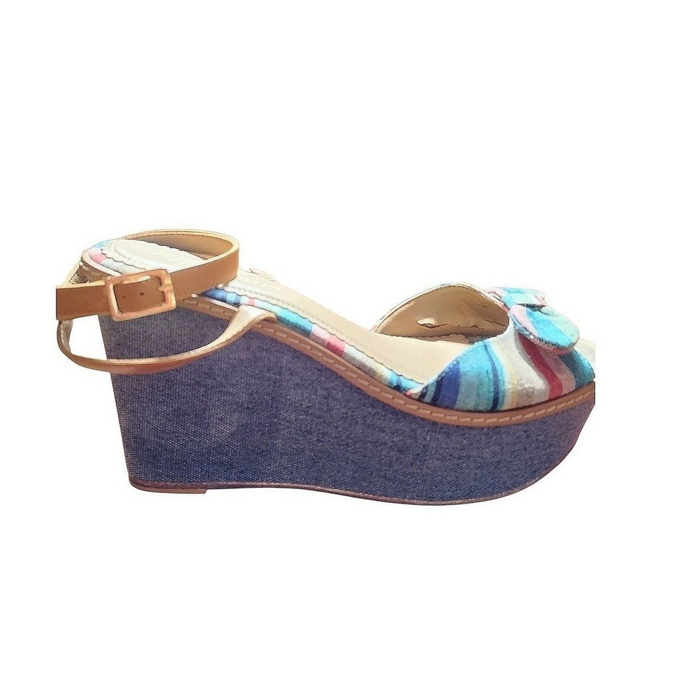 Anthropologie Wedge Sandals Women 10 Multi Striped Bow Denim Platform Boho